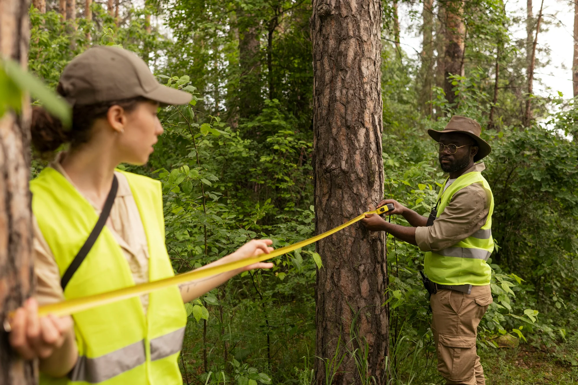Two people in reflective vests measure the circumference of a tree trunk with a yellow tape measure in a forest, surrounded by green foliage. One person holds the tape while the other checks the measurement.